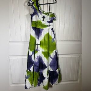 Busayo Collective Dress Sz 4 Green Cotton Tie Dye One Shoulder Pockets Ruffle